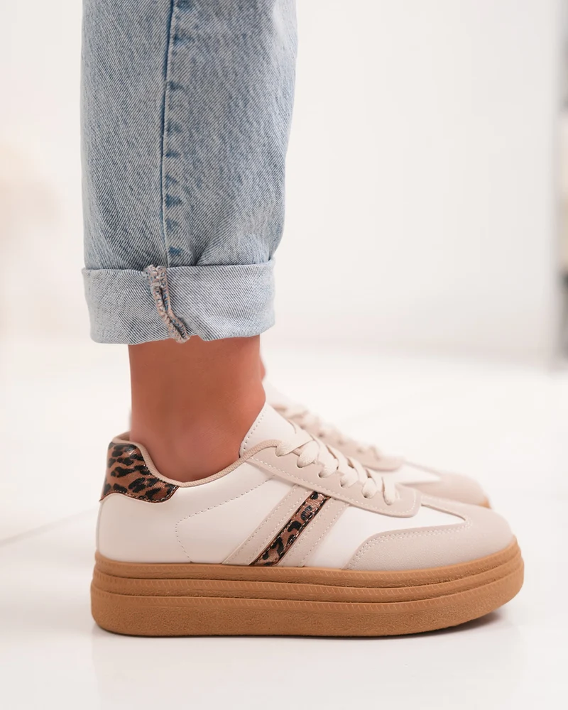 Basket femme beige avec détails léopard et plateforme marron tendance