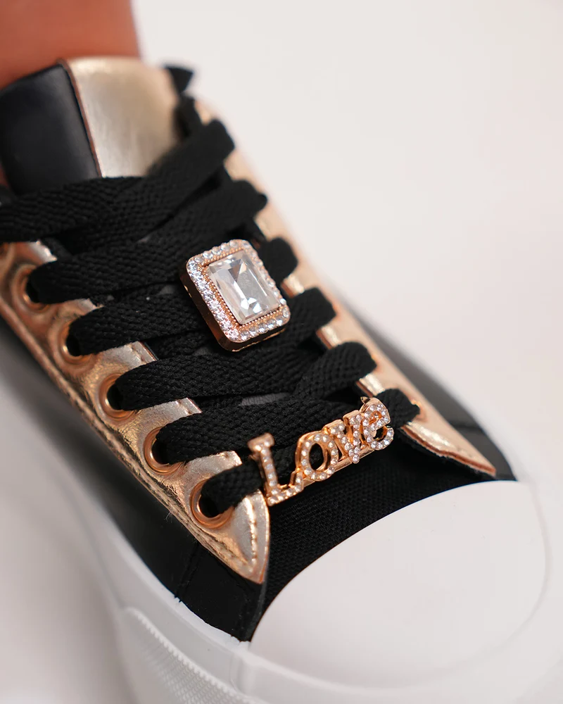 Basket femme noire chic avec strass dorés et plateforme tendance