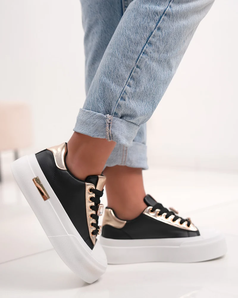 Basket femme noire chic avec strass dorés et plateforme tendance