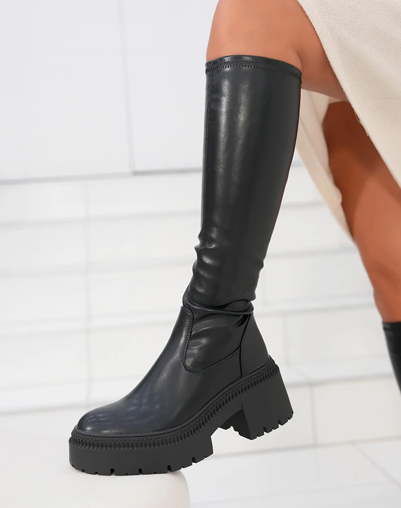 Bottes femme noires effet chaussette avec semelle crantée et talon de 6 cm