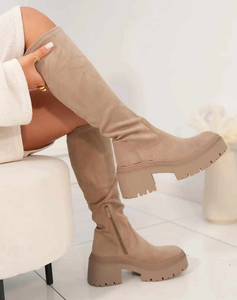 Bottes femme taupe effet chaussette avec semelle crantée et talon de 6 cm