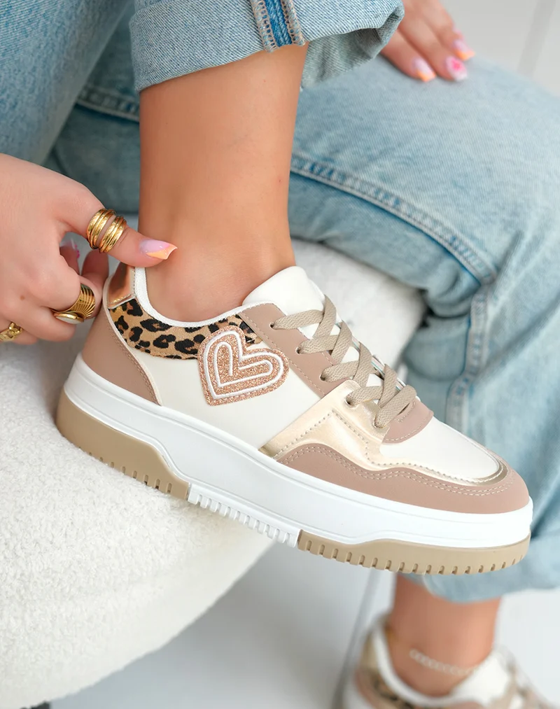 Baskets Basses Femme Beiges avec Détails Léopard