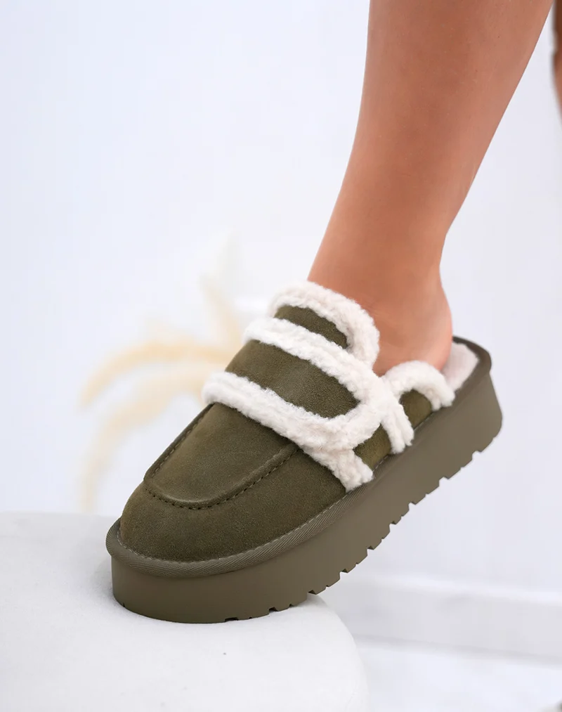 Mules femme kaki en suédine cuir fourrée à plateforme et semelle crantée