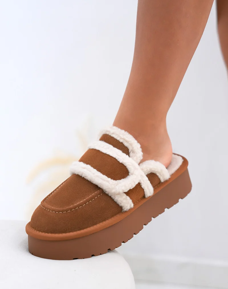 Mules femme marron en suédine cuir fourrée à plateforme et semelle crantée