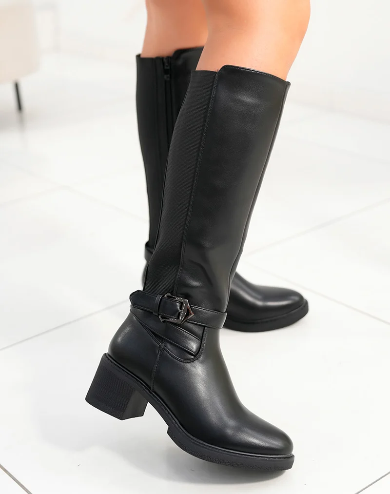 Bottes femme noires avec talon moyen et double sangle décorative