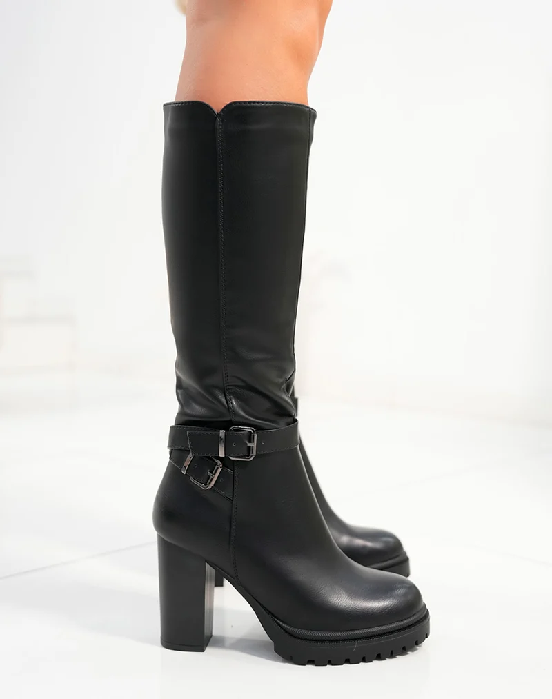 Bottes femme noires à talon haut épais avec double sangles et semelle crantée