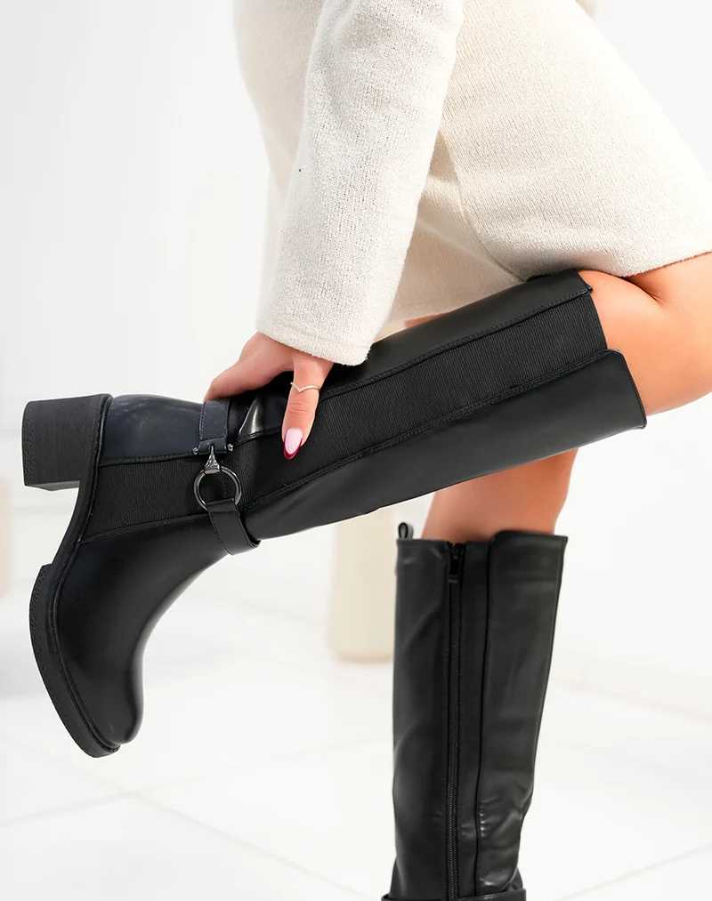 Bottes femme noires à talon moyen avec élastique et sangle décorative