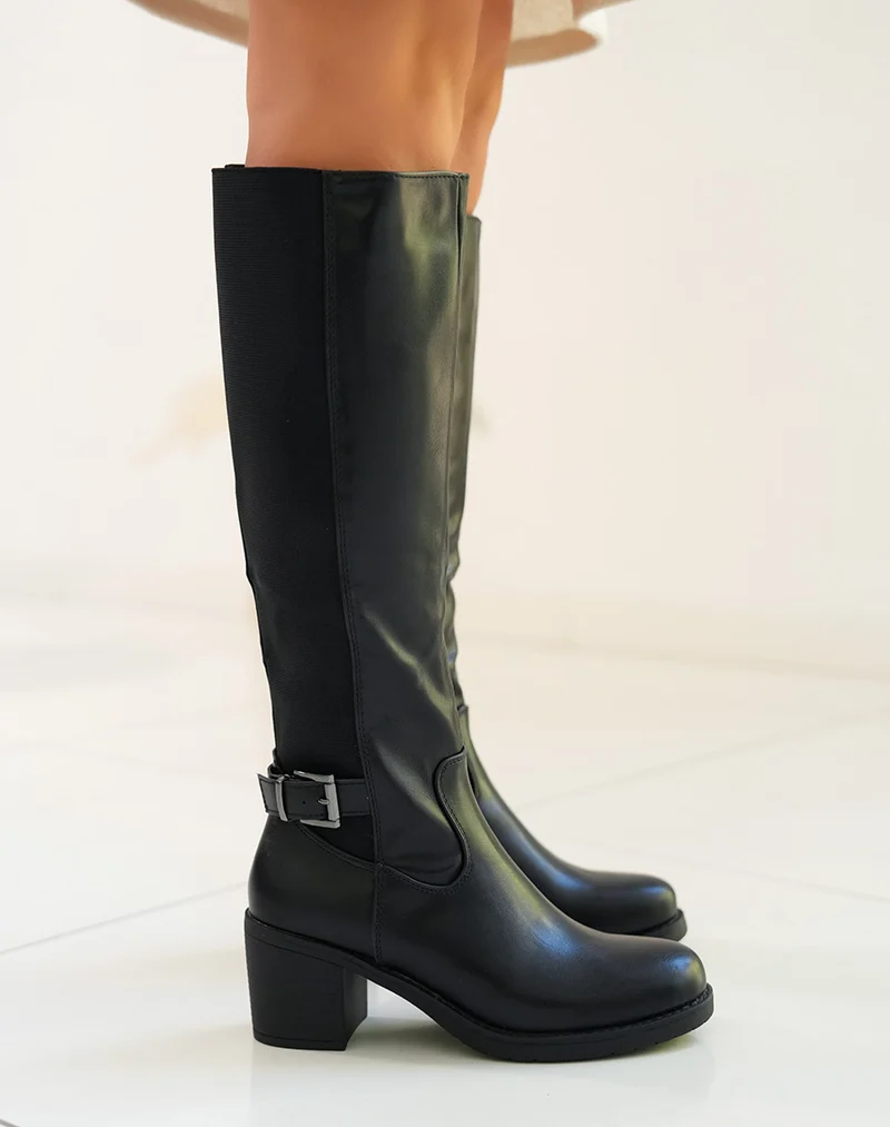 Bottes femme noires avec tige élastique et détail argenté