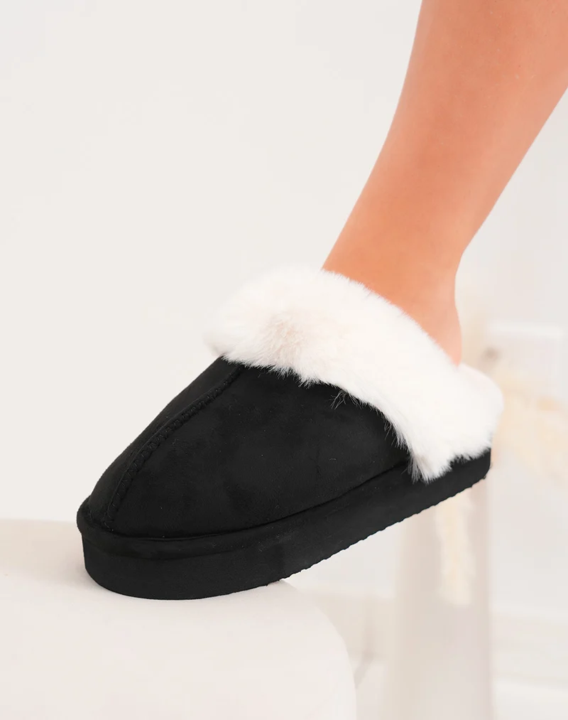 Mules femme noires en suédine fourrées blanches avec plateforme