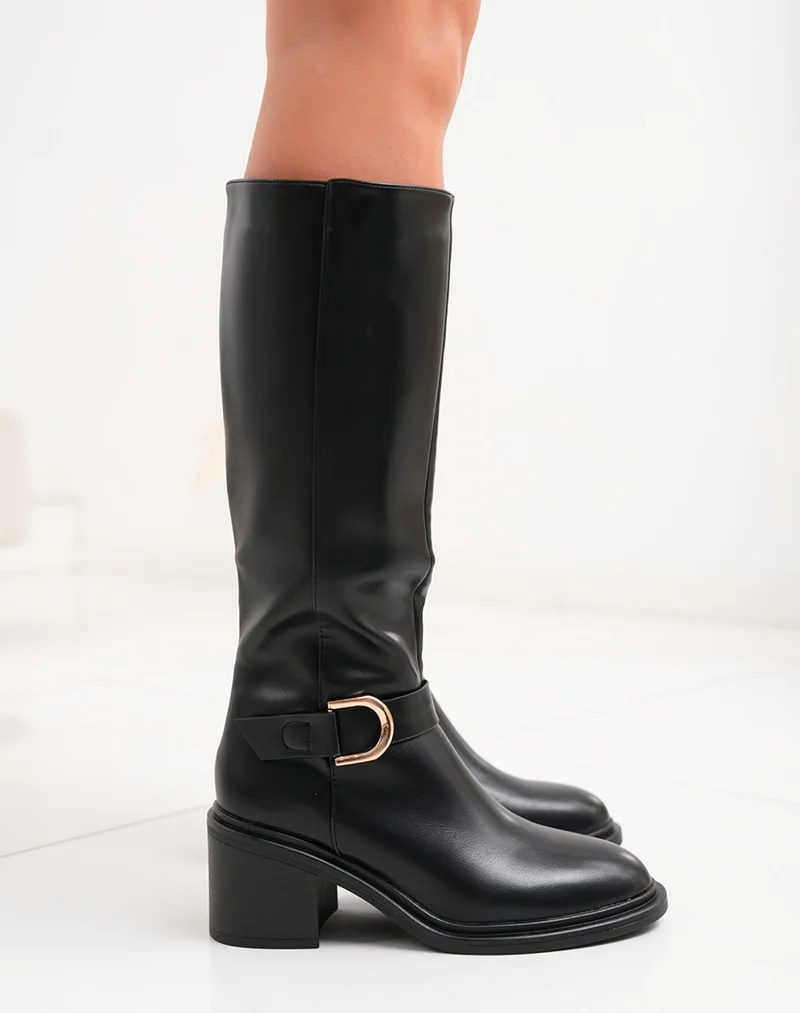 Bottes femme noires à petit talon avec boucle dorée