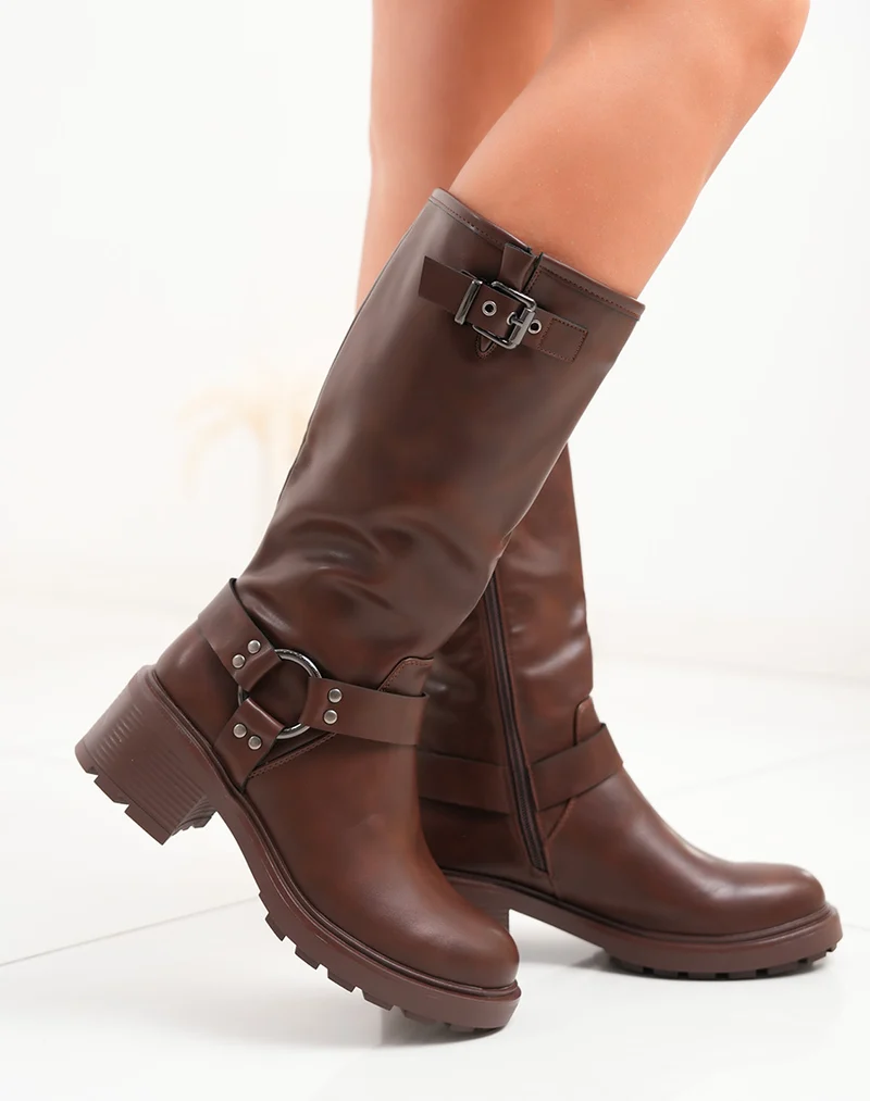 Bottes marron à boucles anthracite et petit talon