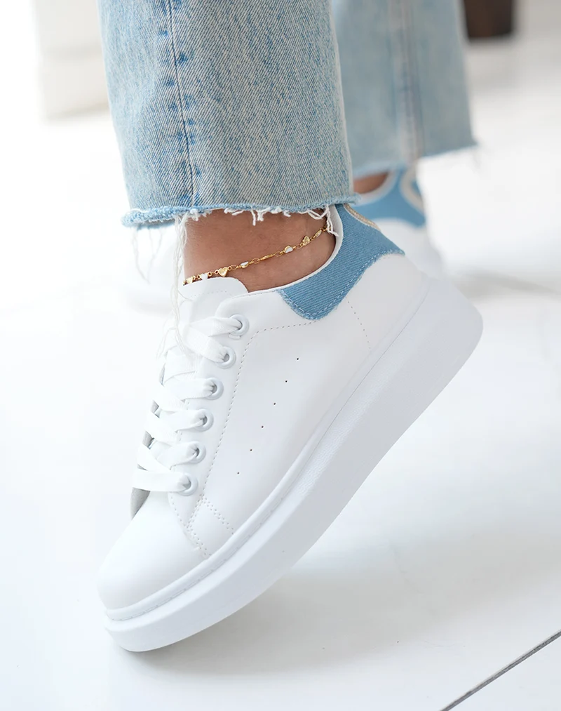 Baskets femme blanches tendance avec empiècement effet jean et détail doré