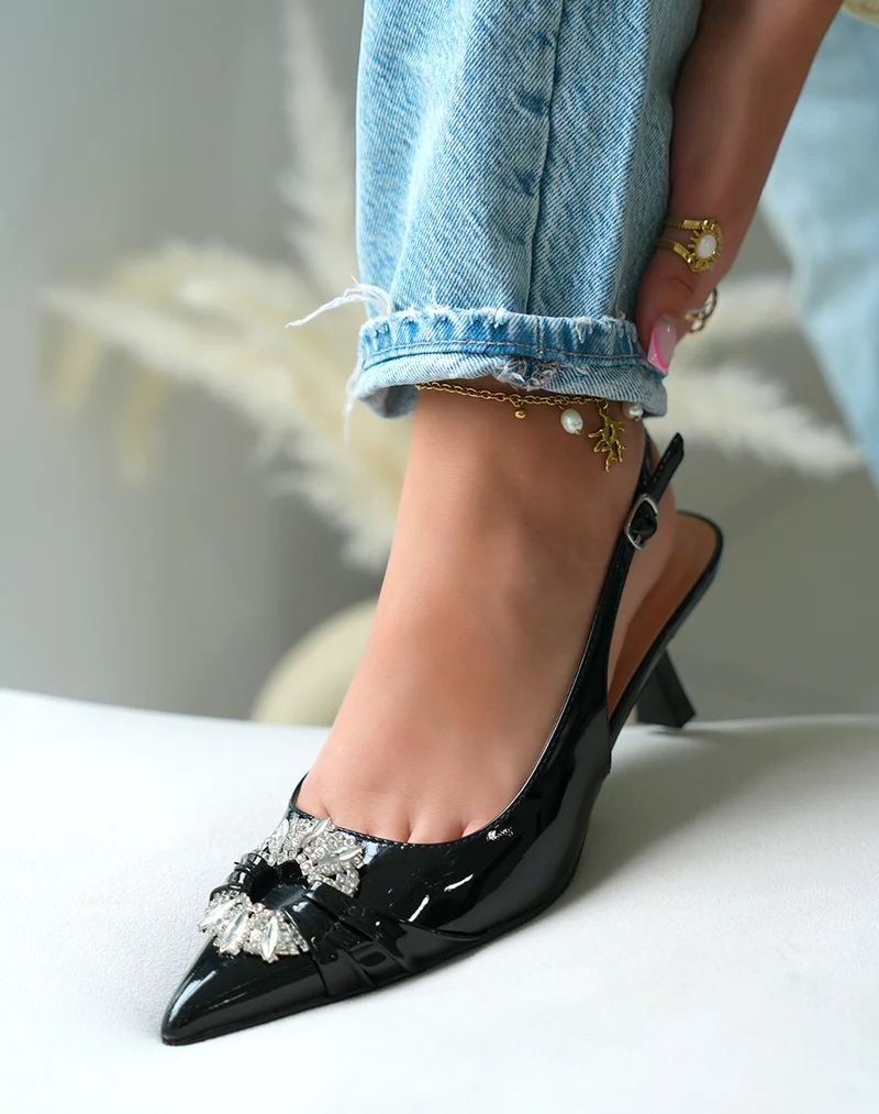 Escarpins vernis noirs femme élégants avec petit talon et rond strassé