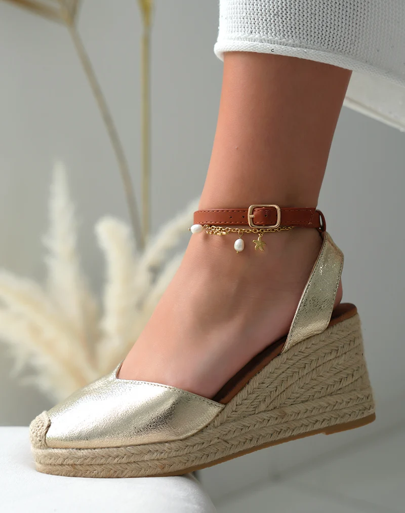 Espadrilles compensées femme dorées avec lanière ajustable camel