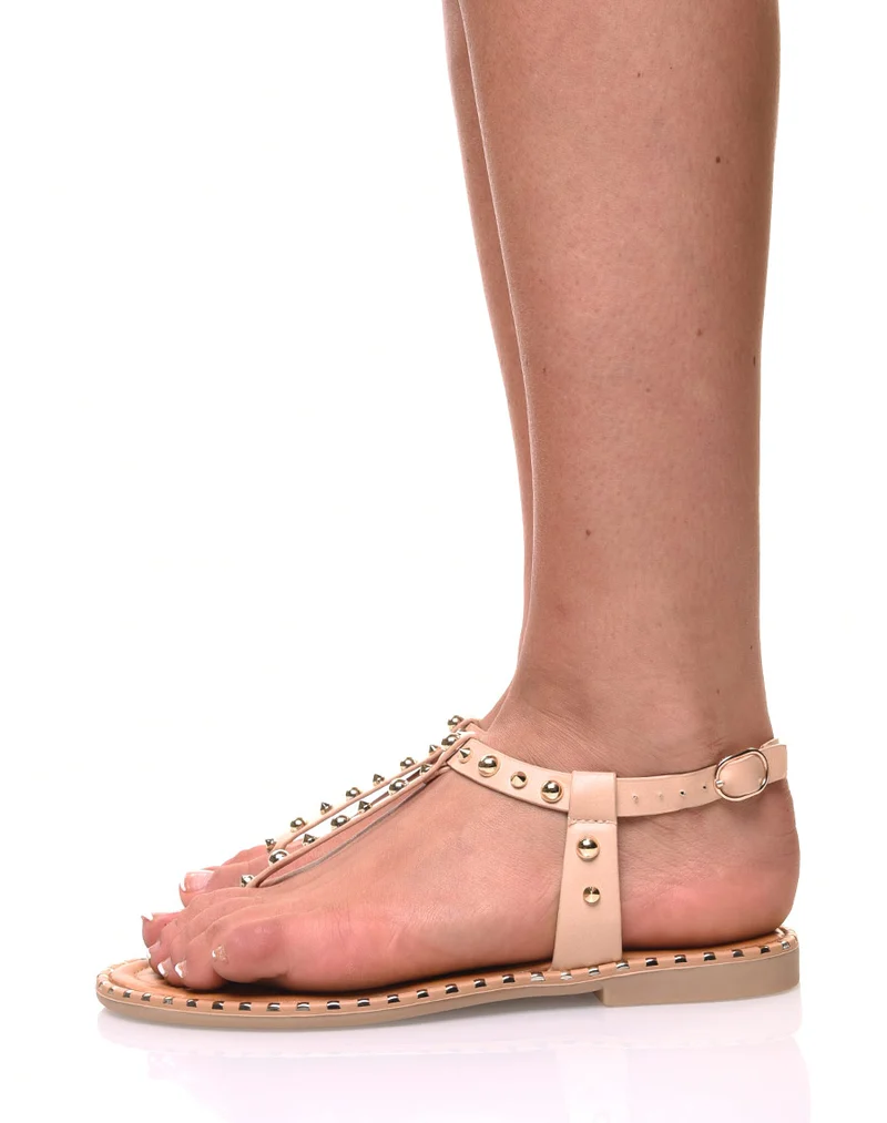 Nu pieds beige cloutés or