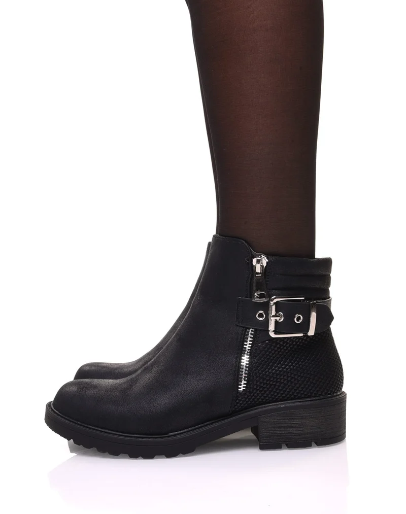 Bottines noires semelles crantées effet croco