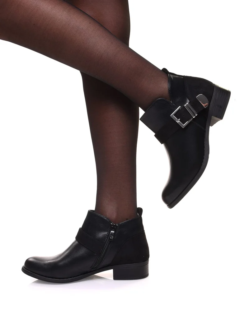 Bottines plates noires empiècements suédines