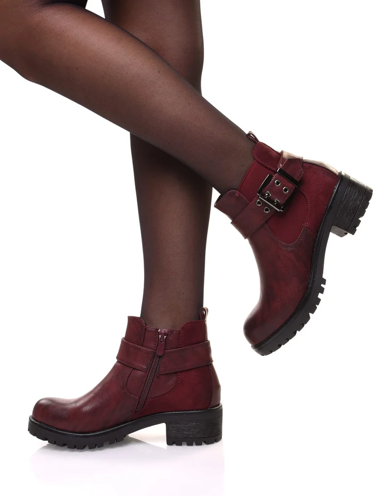 Bottines bi-matières bordeaux à semelle crantée