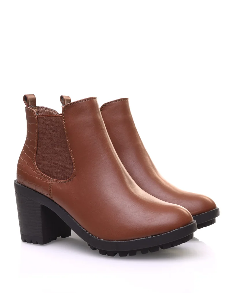 Chelsea boots camel à talon et effet croco