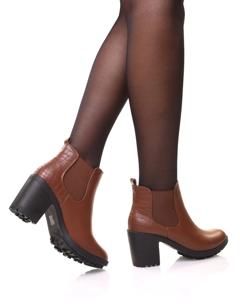 Chelsea boots camel à talon et effet croco