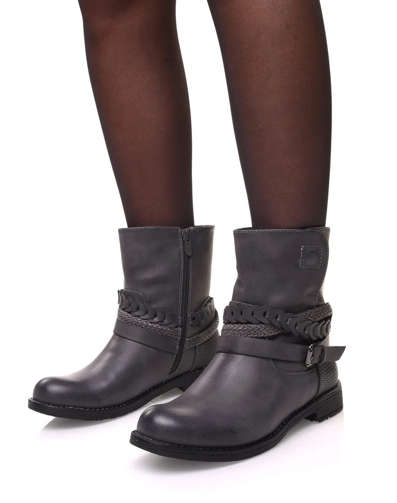 Bottines motardes grises à lanières tressées