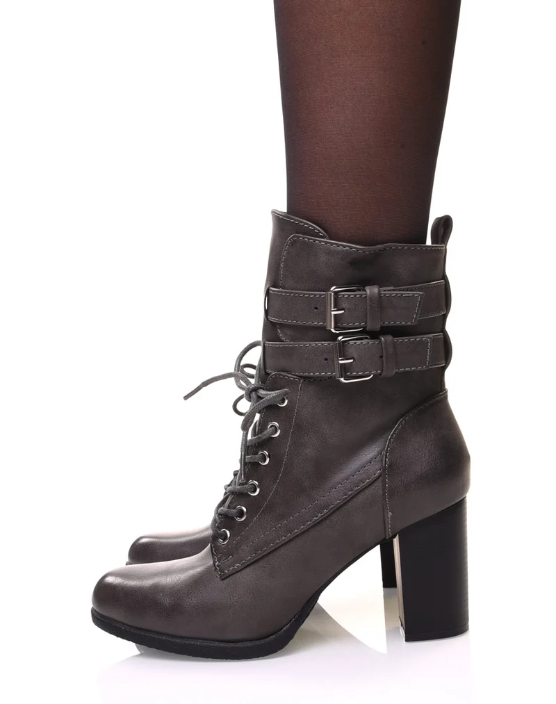 Bottines grises à talons lacées