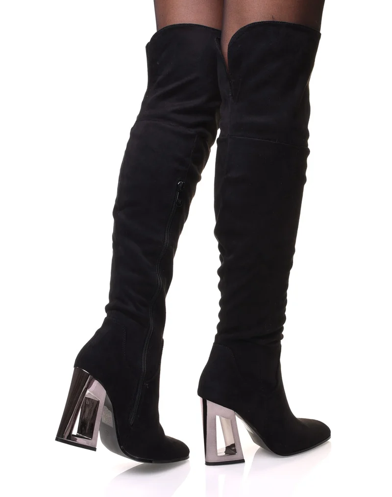 Cuissardes noires à talons graphiques métallisés
