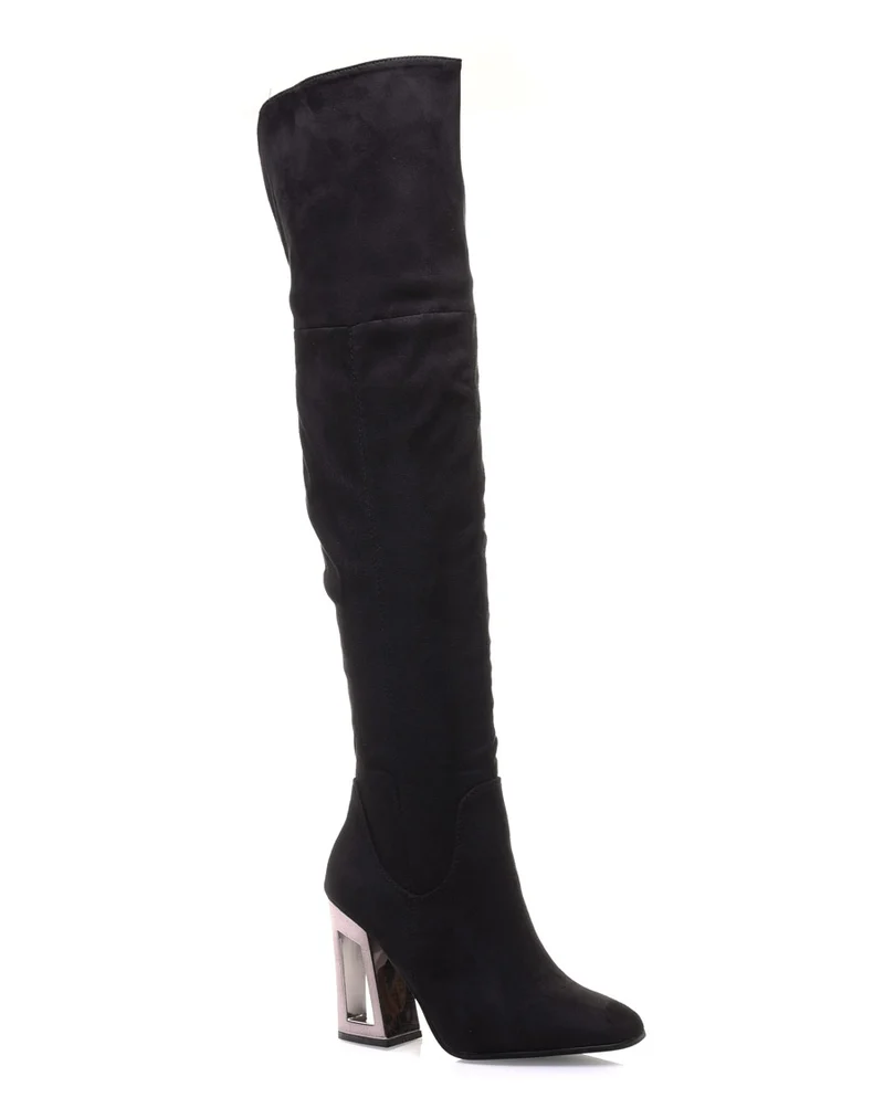 Cuissardes noires à talons graphiques métallisés