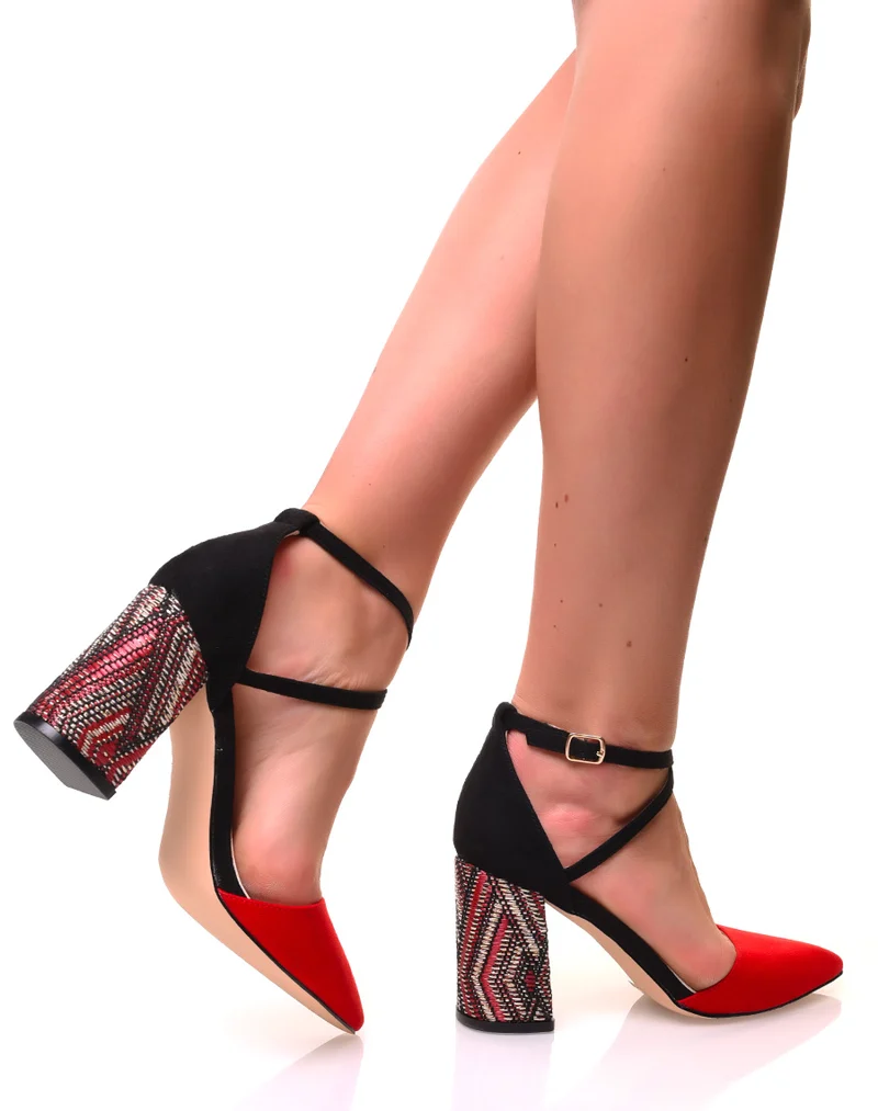 Escarpins à talons carrés tissés en suédine rouge